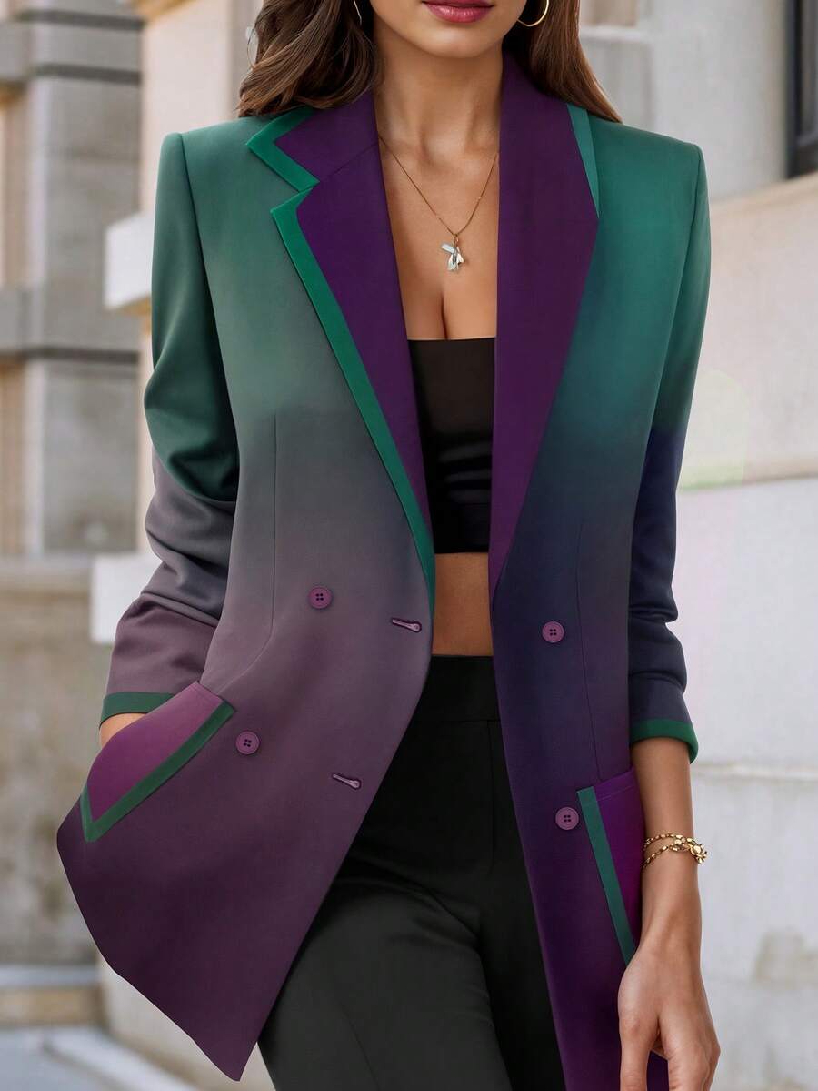 HOMEYEE 翻领长袖印花衬衫，复古优雅休闲商务职业OL上衣，适合春夏秋冬 - 綠色 - 查看 1