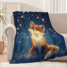 1pc Fox Under The Stars Lightweight Flannel Throw Blanket - Polyester Fleece Blanket For Sofa, Bed, Travel, Camping, Living Room, Office, Couch, Chair, And Bed - Digital Printing, No Electricity Or Feathers Required