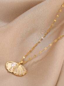 1 Stück elegante Perlenkette mit Muschelanhänger und Strass, Halskette für Damen aus Edelstahl