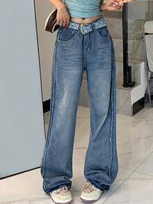 Women Vintage Straight Leg High-Rise Pants With Raw Hem And Washed Finish - Dark Wash - View 2