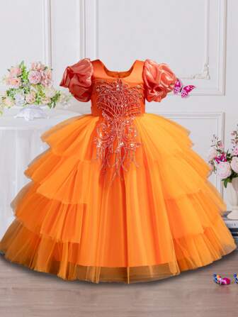 Vestido de novia de manga abullonada de longitud media, vestido de princesa de tul con bordado de lentejuelas de malla, adecuado para actuaciones, anfitrionía, Navidad, Halloween, fiestas de cumpleaños, celebraciones, bodas, fotografía