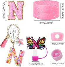 Juego de 6 accesorios para taza de 30 oz y 40 oz, compatible con encanto de letra para el asa, funda de silicona, tapa y pegatina para pajita (Letra S) - Letra N - Ver 3