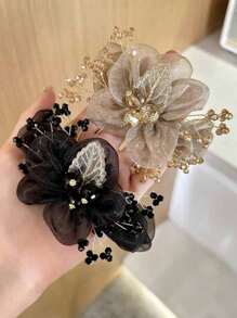 Mesh Lace Flower Crystal Hair Scrunchies, Luxurious Exquisite Elegant Hair Ties, Stretchy Decorative Coiled Hair Scrunchies With Premium Design, Suitable For Women's Parties, Occasions And Daily Wear, Scrunchy Hair Ties