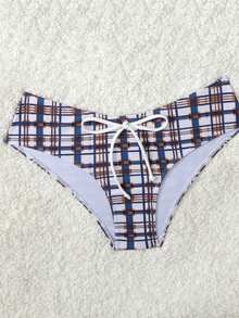 Women Beach Summer Holiday Plaid Print Bikini Set With White Bowknot, Swim Trunks - Multicolor - View 6