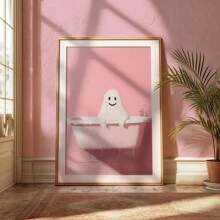 1 pièce de canevas d'art de salle de bain sans cadre avec des fantômes mignons, impression de canevas d'Halloween rose amusante, décoration murale d'Halloween rose effrayante, décoration d'Halloween vintage amusante (cadre en option)