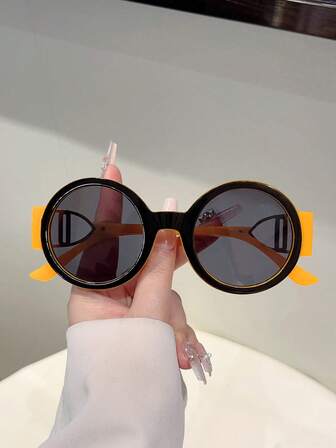 1Pc Women's Round Full Frame Fashionable Glasses Multi-Color Gradient Lens Hollow Design With Light Luxury Decoration On The Legs For Women's Glasses