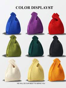 1pc Black Hollow Out Lightweight Foldable Simple Perforated Breathable Contrast Color Knitted Handbag Wristlet Bag, Suitable For Beach, Travel, Photography, Students - Black - View 5