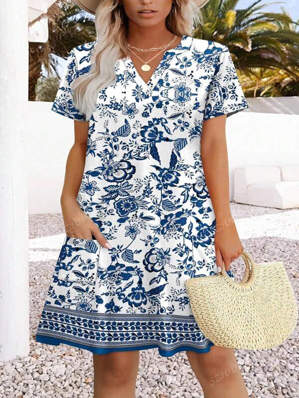 Vestido casual de manga corta con bolsillos con estampado de flores y hojas para mujer tallas grandes perfecto para vacaciones