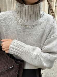 Women's Casual High Neck Sweater, Loose Fit Gray Knit Top, Autumn/Winter