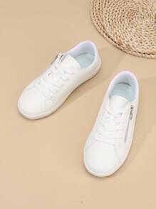 1 Pair Kids PU Leather Lace-Up Side Zipper Classic Student Shoes, Thick Sole Non-Slip Wear-Resistant Comfortable Soft Bottom Casual Sports Sneakers, Suitable For All Seasons