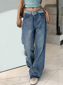 Women Vintage Straight Leg High-Rise Pants With Raw Hem And Washed Finish - Dark Wash - View 4