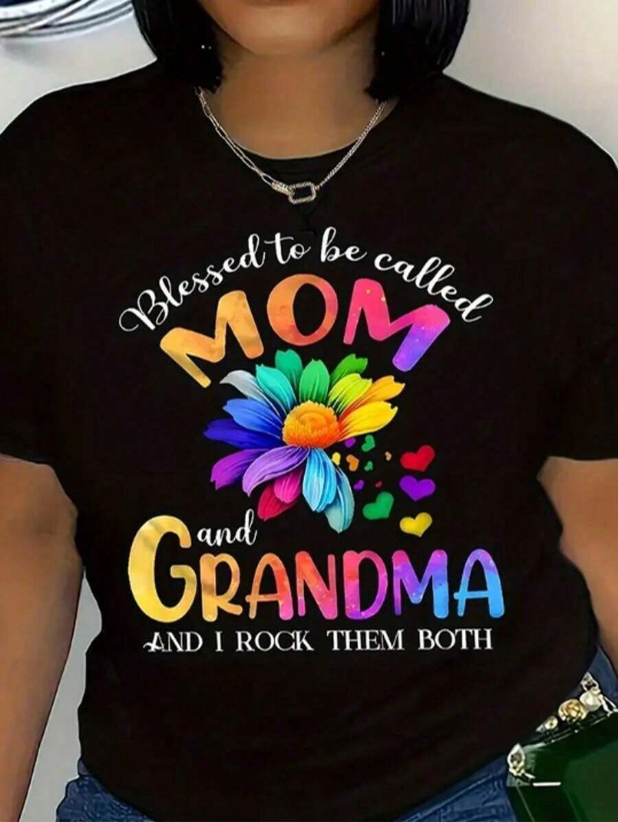 Printed With The Pattern Of Mother's Day, The Pure Short Sleeved T-Shirt Is Very Suitable For Women's Casual Elastic Tops. It Is An Ideal Choice For Daily Wear In Spring And Summer. It Is A Birthday Gift For Mothers And Sisters Tee - 黑色 - 查看 1