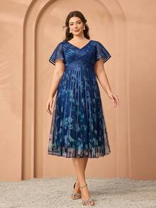 Mgiacy, nuevo lanzamiento, vestido de noche elegante con escote en V, malla estampada, mangas cortas, lazo, vuelo amplio, para cena o fiesta