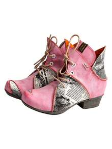 1 Paar TMA EYES Damen Rote Schnür-Knöchelstiefel, kurzer dicker Absatz, spitze Zehenform, modischer Western-Stil Knöchelstiefel - Rot - Übersicht 4
