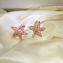 1 Pair Summer Fashion Enamel Drip Oil Starfish Stud Earrings, Suitable For Women Casual Beach Wear Decoration Earrings