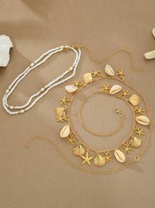 2pcs Set Bohemian Style Starfish & Shell Pearls Women Waist Chain Suitable For Beach Vacation, Holiday Gift