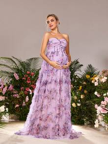 Faeriesty Dressalisa 优雅孕妇吊带褶饰紧身胸衣花卉贴花网眼超大薄纱裙连衣裙，适合夏春场合（婚礼嘉宾、正式晚宴、花园派对、孕妇写真、晚会） - 淡紫色 - 查看 4
