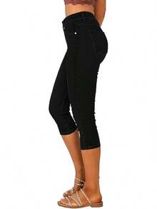 Vetinee High Waisted Skinny Slim Fit Capri Jeanshalloween - 純黑色 - 查看 4