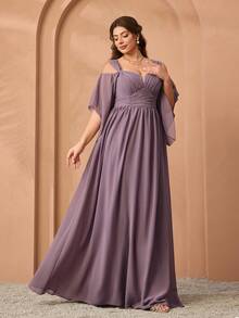 Mgiacy New Elegant One-Shoulder Ruffle Sleeve Chiffon Dress, Plus Size Bridesmaid Gown - Bụi hồng - Xem 5