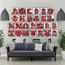 26pcs Dazzling, Awesome, Thrilling Flaming Alphabet Letters, Cartoon Pattern Handcraft Diamond Painting Kit, 5D Round Diamond Embroidery, DIY Mosaic Art Home Decor, Holiday & Birthday Gift