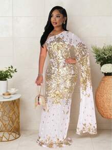 1pc One-Shoulder Long Sleeve Mesh & Sequin Patchwork Party Dress