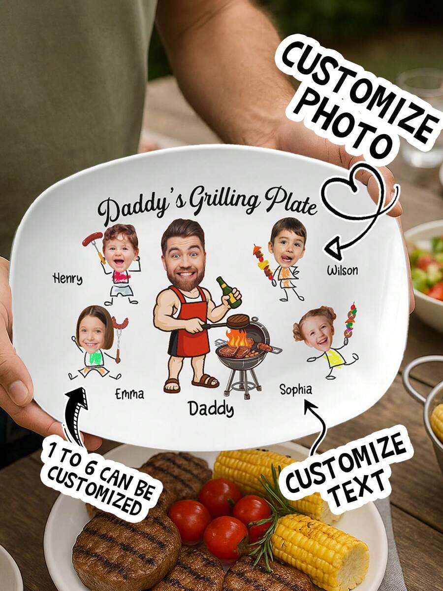 Custom Photo Grill Tray Personalized Grill Platter With Custom Text Cartoon Family Characters Father's Day Gift For Dad Custom Name Family Photo Grill Tray Unique Home Kitchen Decoration Outdoor Party Tableware Fun Custom Tray For Dad Birthday Anniversary Gift For Husband Grandpa From Kids, Multi-Functional, Stylish, High-Quality, Unique, Tea Room, Home, Office, For Anniversaries, For Valentine's Day, For Mother's Day, For Father's Day, For Weddings, For Housewarming, Home & Living, Haunt Your Home, Souvenirs, Reusable, Adorable, High-Quality - Multicolor - View 1