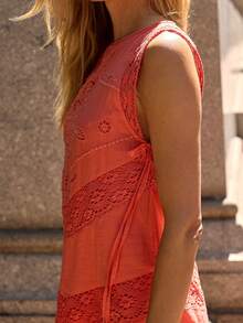 Womens Sleeveless Tie Side Embroidered Mini Dress Y2k Ruffle Hem Boho Cut Hollow Out Sundress Flowy Lace Trim Babydoll Slip Dress - 西瓜粉 - View 2