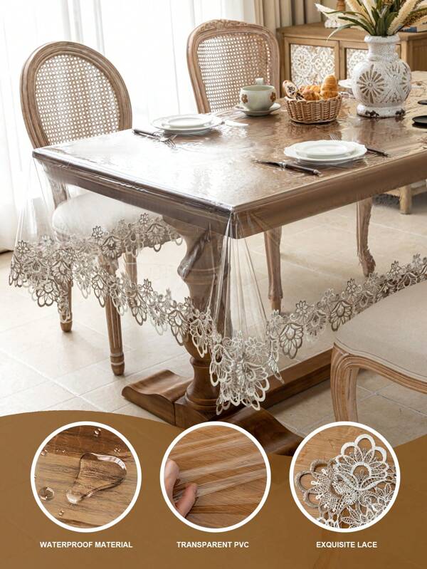 1 Stück transparente PVC Spitzenrand wasserdichte Tischdecke, braun & weiß, geeignet für Küche, Esszimmer, Wohnzimmer, Zuhause, Party, Hotel, Esszimmertisch Dekoration, rechteckige Tischdecke, Geschenk, ganzjährig, verschiedene Größen erhältlich