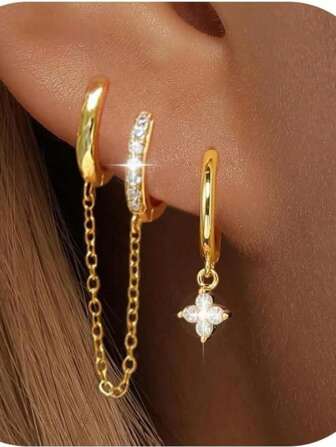 Set de 2 pares de pendientes de aro vintage elegante Relipop, chapados en oro de 14K de cobre con circonita sintética, elegantes pendientes colgantes de cadena, pendientes de cartílago hipoalergénicos para uso diario y regalo