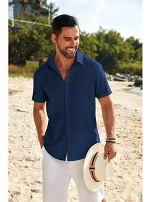 Mens Casual Linen Shirt Short Sleeve Button Down Shirt Summer Beach Shirts With Pockethalloween - 藏蓝色 - 查看 6