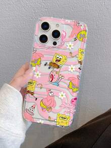 SpongeBob SquarePants 1pc Minimalist Pink Wave Pattern Sponge Painted Anti-Drop Transparent Phone Case Compatible With Samsung/Apple 11/12/12promax/14promax/15/15Pro/16/16promax And Other Models - Multicolor - View 4