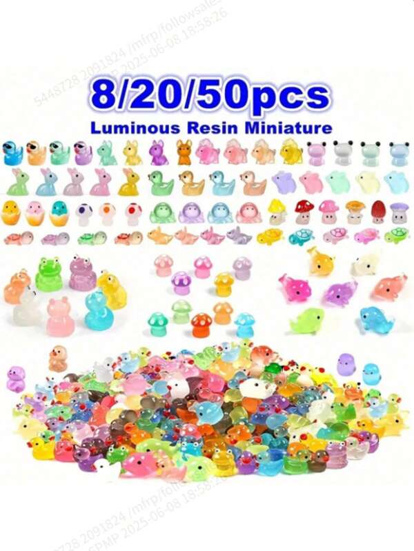 8/20/50pcs Glow-In-The-Dark Resin Mini Animal Figurines, Duck, Dolphin, Frog, Rabbit Statues, No Power Needed, Suitable For Garden, Party, Miniature Landscape, Aquarium, Dollhouse Decor