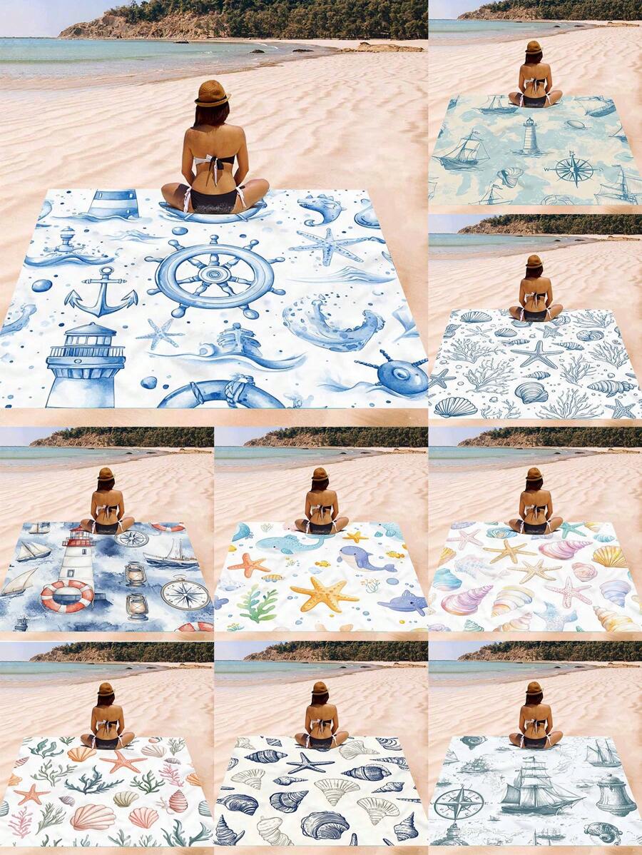 1pc Marine Element Printed Beach Mat, Waterproof And Anti Sand Oversized Beach Mat, Lightweight For Adults For Travel, Camping, And Picnics