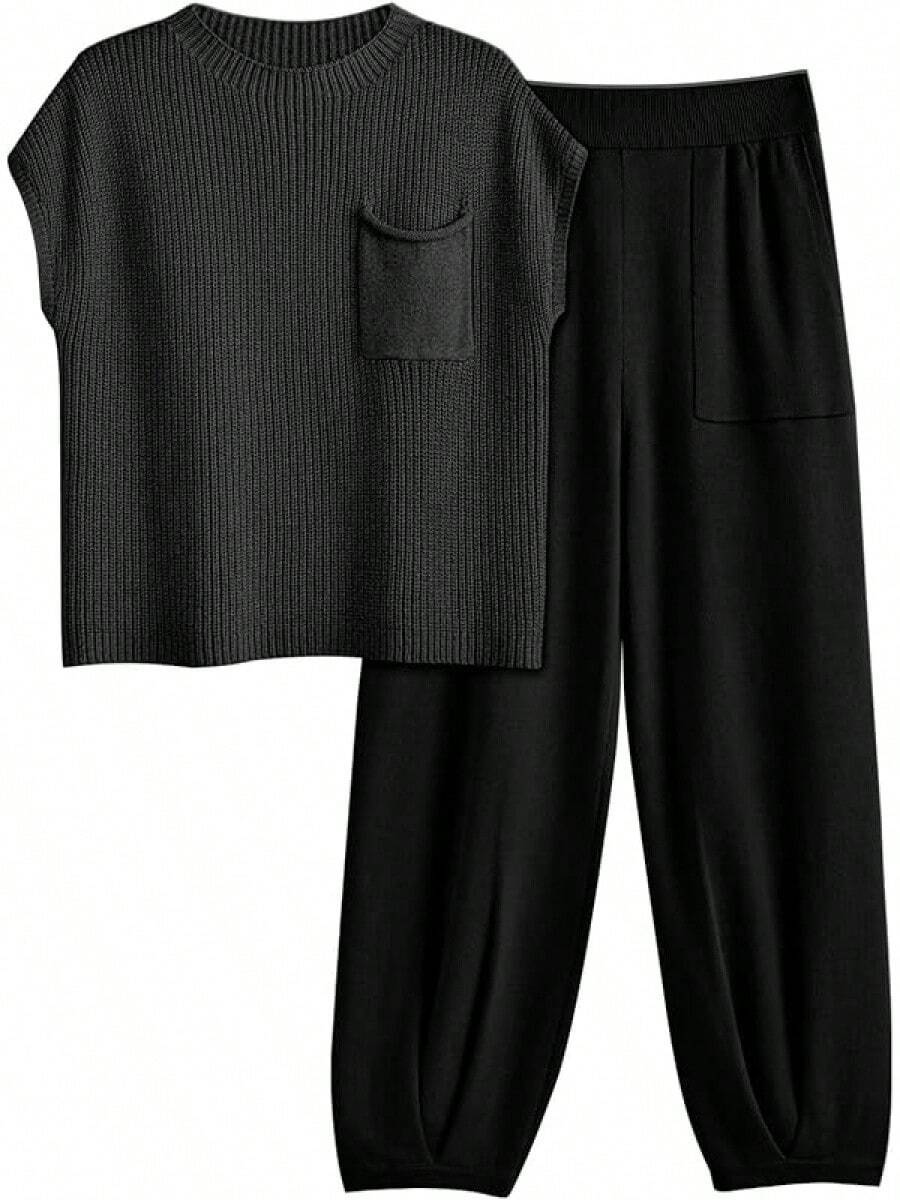 2 Piece Knit Sets Women Sweatsuit Sets - Black - View 1