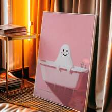 1 pièce de canevas d'art de salle de bain sans cadre avec des fantômes mignons, impression de canevas d'Halloween rose amusante, décoration murale d'Halloween rose effrayante, décoration d'Halloween vintage amusante (cadre en option)