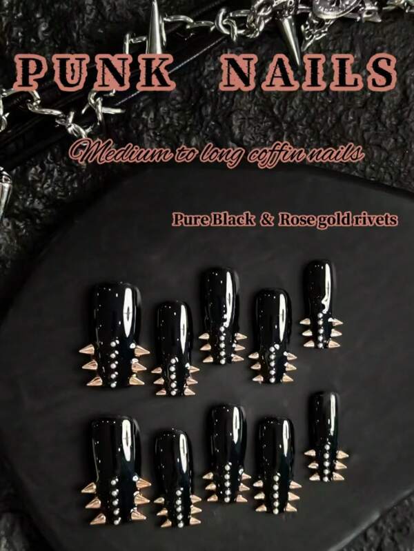 Original Design, Handmade, 10PCS Punk Style Nails, Medium Length Coffin Shaped Nails, Rivets And Green Cat Eyes (Pure Black And Metallic Texture Rivets) Combination, Making You A Unique Punk Girl. Cool, Hot Hot Girl Garbage Punk Girl Cyberpunk Cat Eyes Green (Dark Black) Nail Set, Highlighting Your Style, Suitable For Women And Girls To Wear At Daily Holiday Gatherings, Enhancing Your Appearance, Pressing Nails