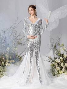 Faeriesty Dressalisa luxuriöses Umstandsabendkleid mit langen Ärmeln, V-Ausschnitt, Pailletten-Netzstoff für Schwangerschaftsfotos, Baby-Shower, Brautporträts, formelle Galas, Preisverleihungen - Silber - Übersicht 4