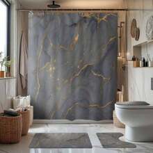 1/4 Stück Grau & Gold Marmor Thema Badezimmer Set beinhaltet Duschvorhang, Badematte, U-förmige Toilettenvorlage, Toilettendeckelabdeckung, wasserdicht, Badezimmerdekoration, moderner Stil Badezimmervorhang, ohne Bohren erforderlich, Polyester, maschinenwaschbar Badezimmerzubehör Schulanfang
