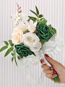 1pc Gorgeous Color Block Design Wedding Bouquet, Bride/Bridesmaid Handheld Flower, Roses With Ribbons & Lace Valentine's Day Accessories - White - View 10