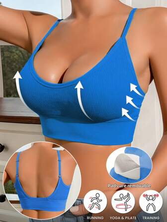 Wireless Yoga Sports Bra For Women Solid Comfortable Gym Bralette Top Summer Push Up Gym Running Top Underwear Adjustable Thin Straps Padded Yoga Gym Wear Women Ribbed Basic Bralettes Camisole