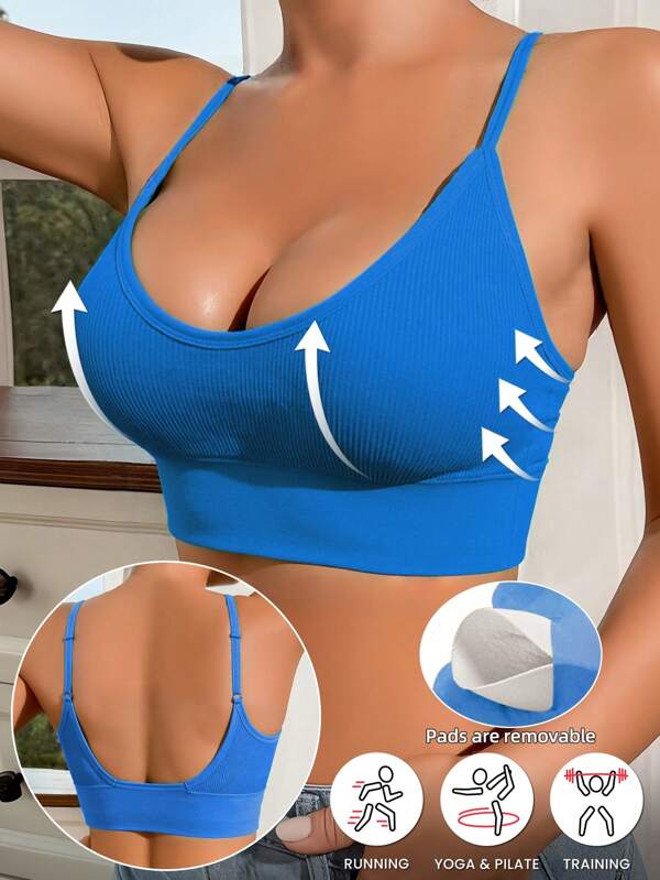Wireless Yoga Sports Bra For Women Solid Comfortable Gym Bralette Top Summer Push Up Gym Running Top Underwear Adjustable Thin Straps Padded Yoga Gym Wear Women Ribbed Basic Bralettes Camisole