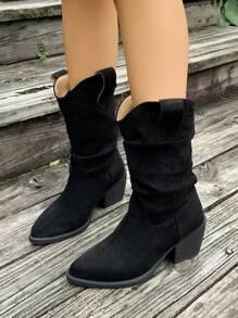 Bottes mi-mollet à talon compensé épais pour femmes, nouveauté 2025. Bottes fuselées vintage plissées, bottes d'équitation grande taille, bottes hautes à bout pointu et talon haut, bottes style western