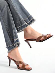 Women's Mule Style Plastic Square Toe High Heel Sandals, New Arrival Summer - Brown - View 7