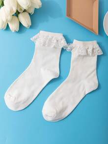1/3/5 Pairs Solid Color Lace Trim Crew Socks, Skin-Friendly & Soft For Women - White - View 6
