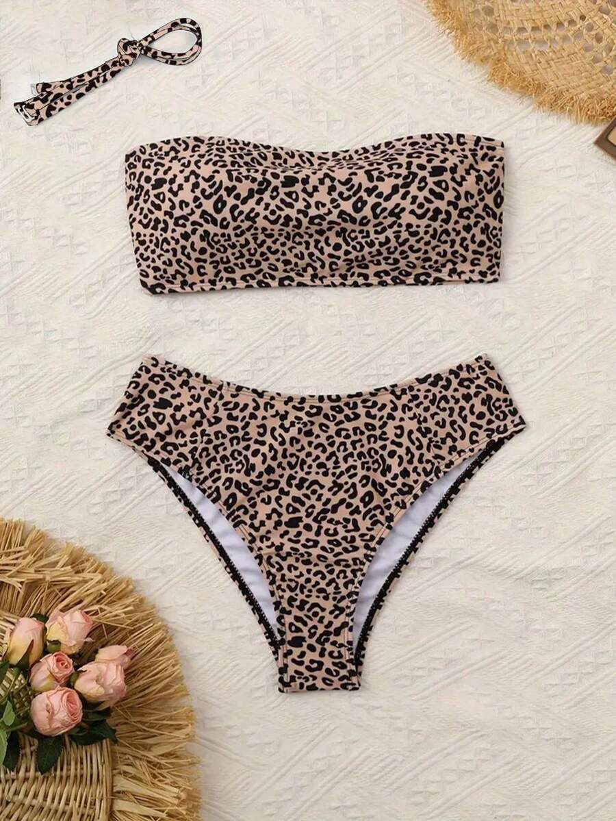 Conjunto de bikini sexy y elegante de 2 piezas con bandeau sin tirantes y estampado de leopardo, ropa y traje de baño para mujer - Multicolor - Ver 1