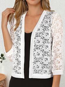 Yukiwi 大码女式纯色轻薄前开蕾丝夹克 - 白色 - 查看 3