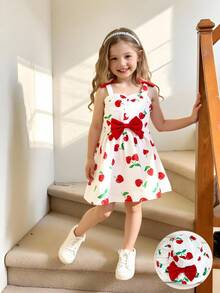 2 件套可爱日常心形樱桃印花撞色蝴蝶结吊带裙，带荷叶边下摆和帽子套装，适合派对、度假、夏季 - 白色 - 查看 4