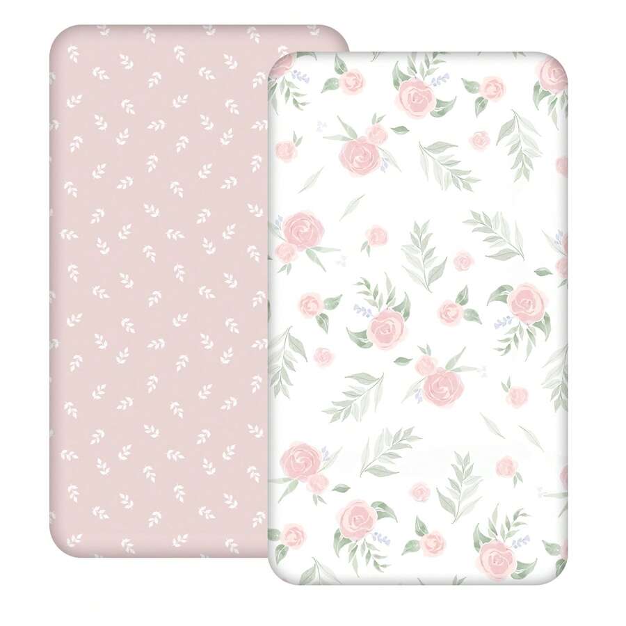 2pcs Pink Flower Fitted Baby Crib Sheet Set, Breathable Soft Infant Mattress Cover - Multicolor - View 1