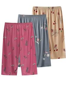 3pcs Plus Size Women's Pajama Pants, Elastic Waist Loose Cherry Print Capri Pants - Multicolor - View 2