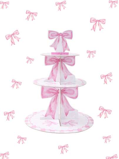 1 Set Pink Bow Paper Cake Stand, Pink Bow Birthday Party Cupcake Display Rack, Dessert Display Stand, Cake Decor, Multi-Tier Cake Tray, Food Container, Pink Bow Theme Birthday Party, Baby Shower, Wedding Party Tabletop Decor, Pink Bow Party Decorations, Pink Bow Birthday Party Supplies